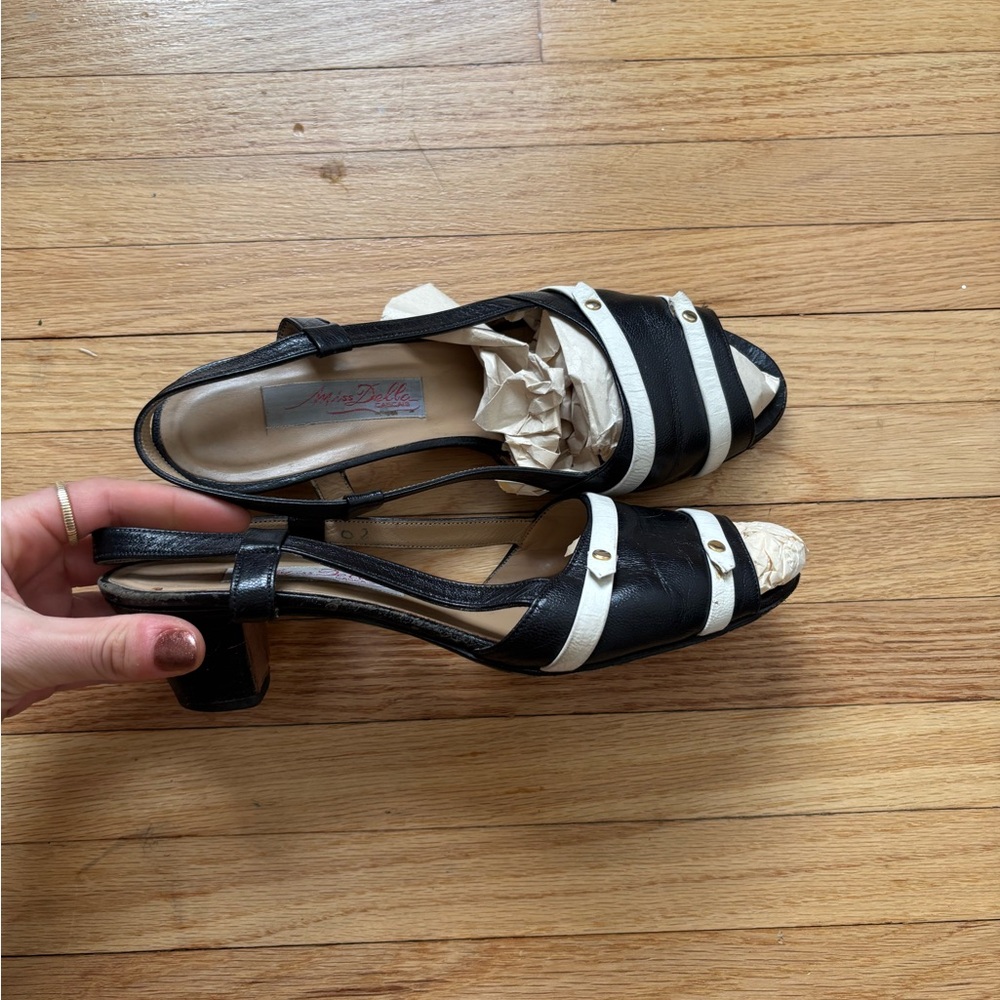 Black and White Striped Slingback Block Heels